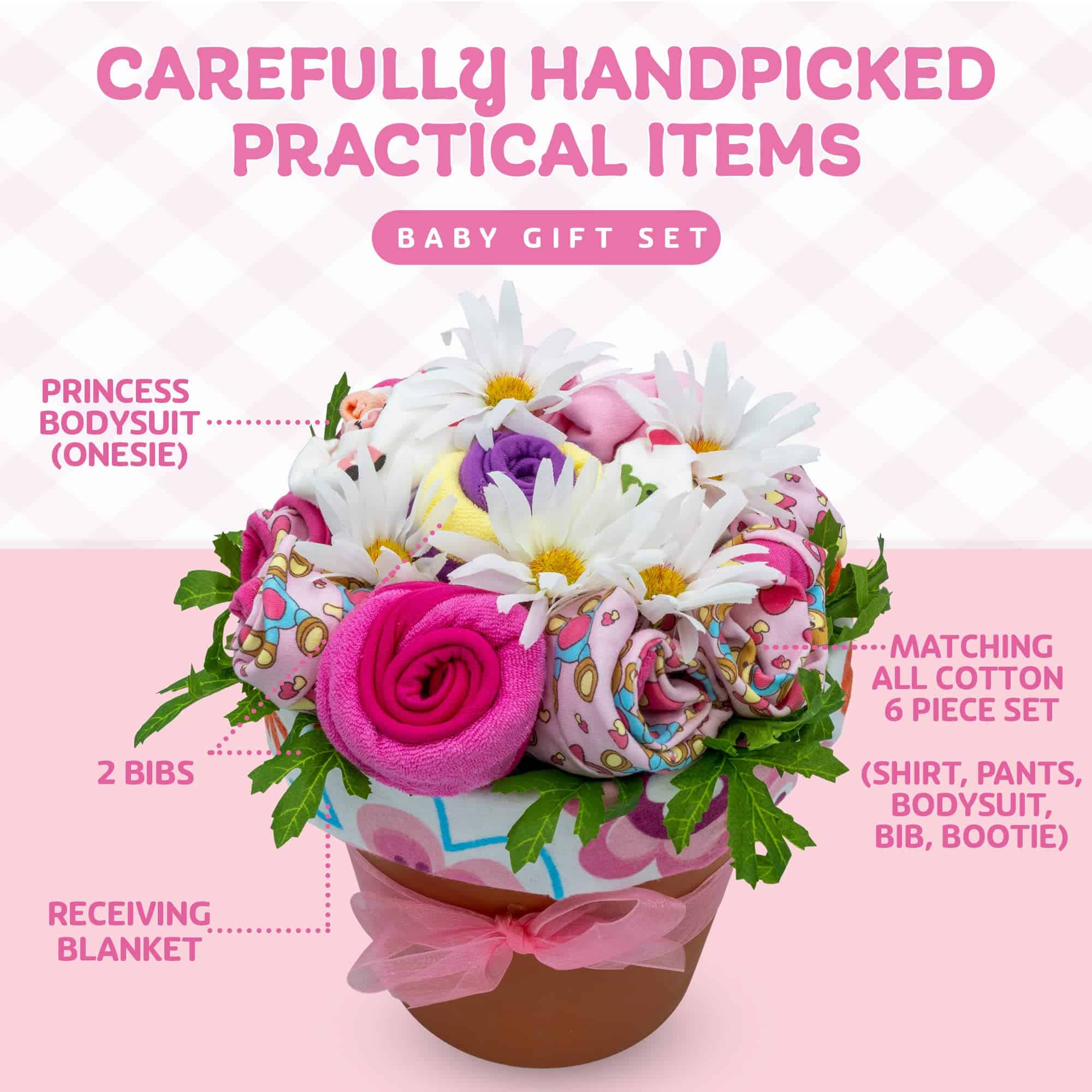 Ramo de Ropa de Bebé con Forma de Flores, Cesta de Regalo - Imagen 6
