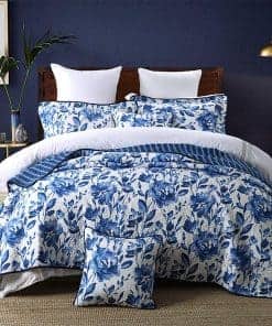 Juego de Colcha de Algodón Azul y Blanco Porcelana HNNSI