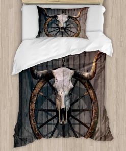 Juego de Funda de Edredón Ambesonne Barn Wood Wagon Wheel,