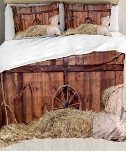 Juego de Funda de Edredón Ambesonne Barn Wood Wagon Wheel,