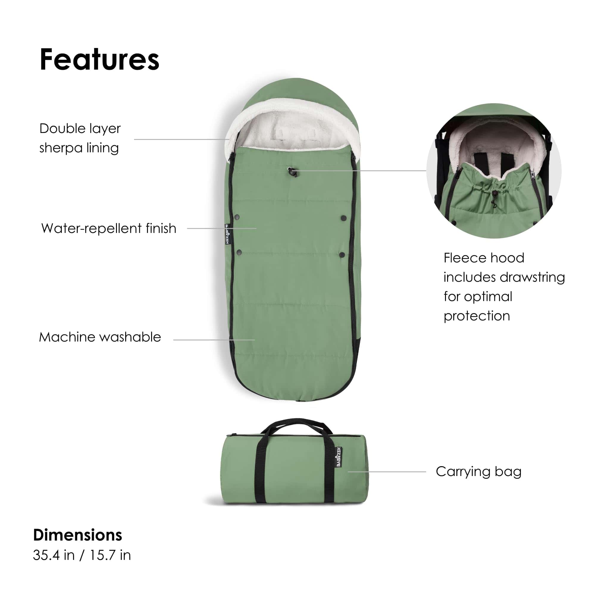 Saco de pies BABYZEN YOYO, Menta - Forro de Sherpa y - Imagen 5