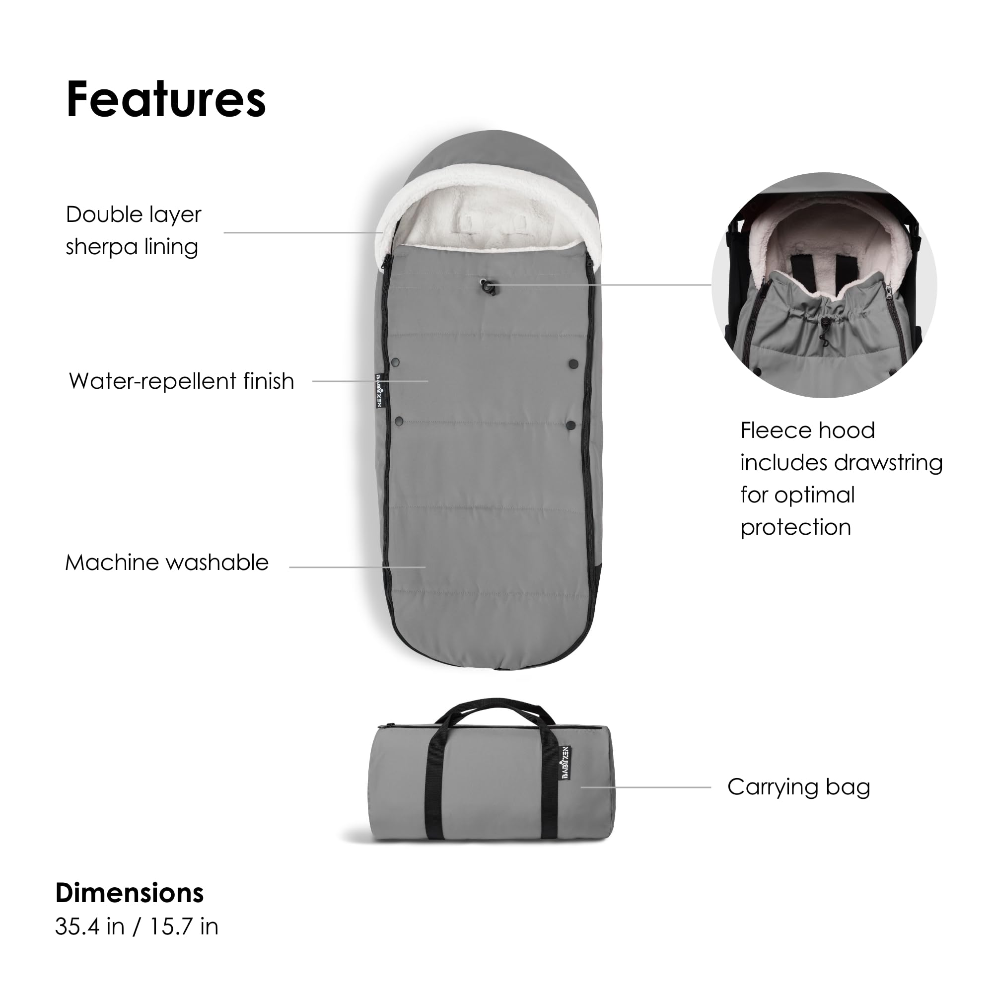 BABYZEN YOYO Footmuff, Gris - Forro de sherpa y capucha de - Imagen 5