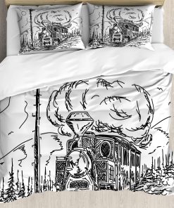 Set de Funda Nórdica Ambesonne Steam Engine, Tren Antiguo