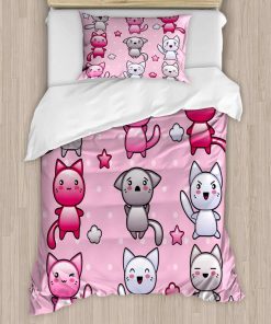 Juego de funda nórdica Ambesonne Anime, Gatitos Dibujados