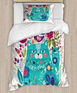 Set de Funda Nórdica Ambesonne Cat, Gato Rodeado de Pájaros