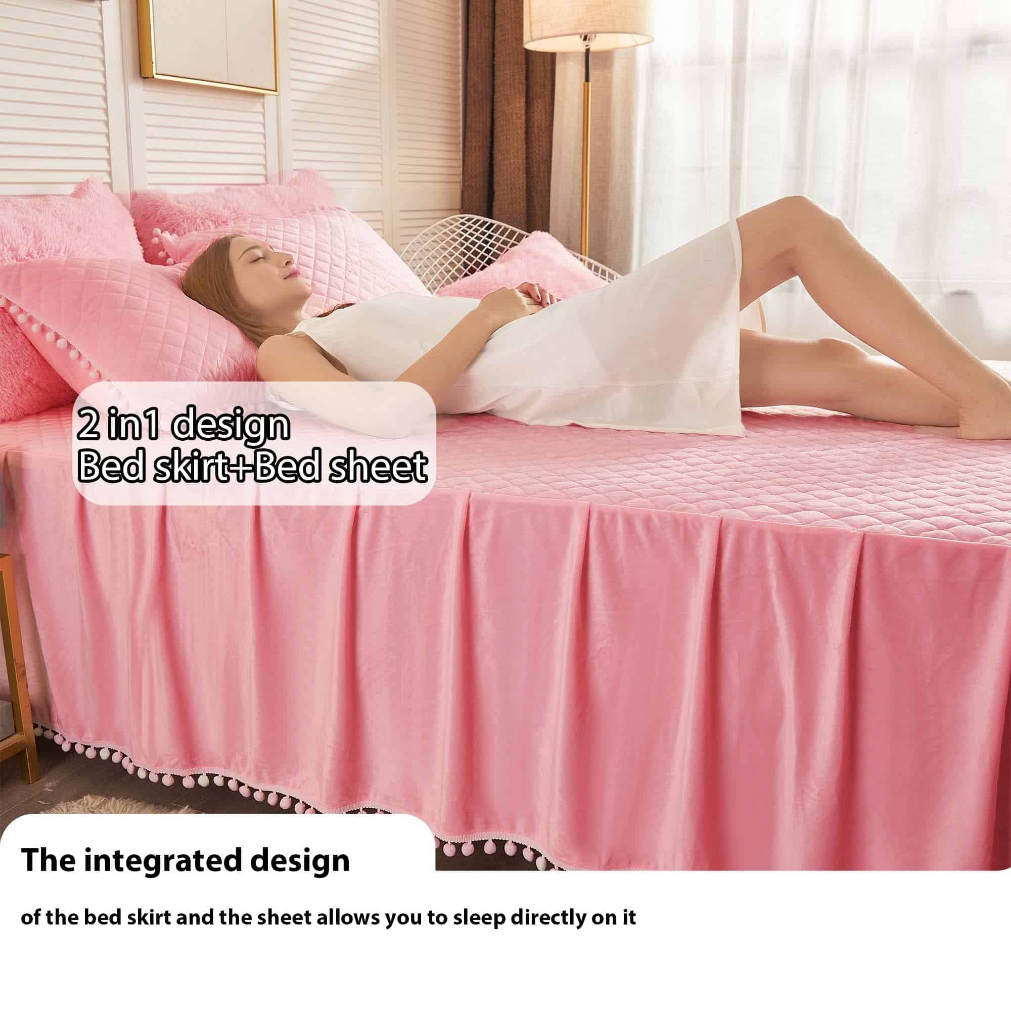 LIFEREVO Luxury Pom Poms Velvet Bed Skirt, Falda de Cama de - Imagen 3