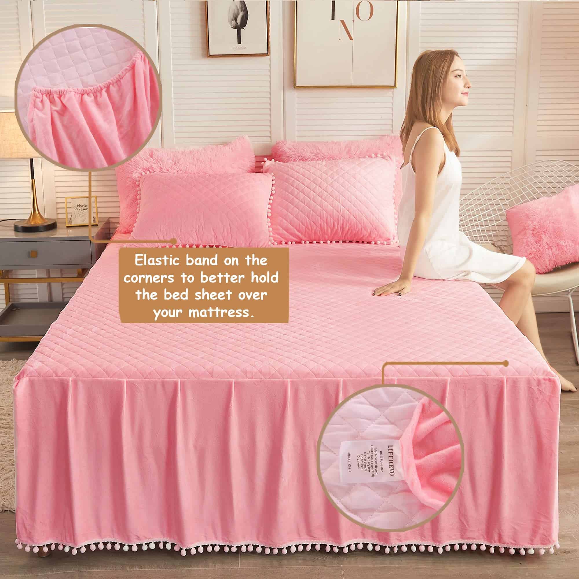 LIFEREVO Luxury Pom Poms Velvet Bed Skirt, Falda de Cama de - Imagen 9