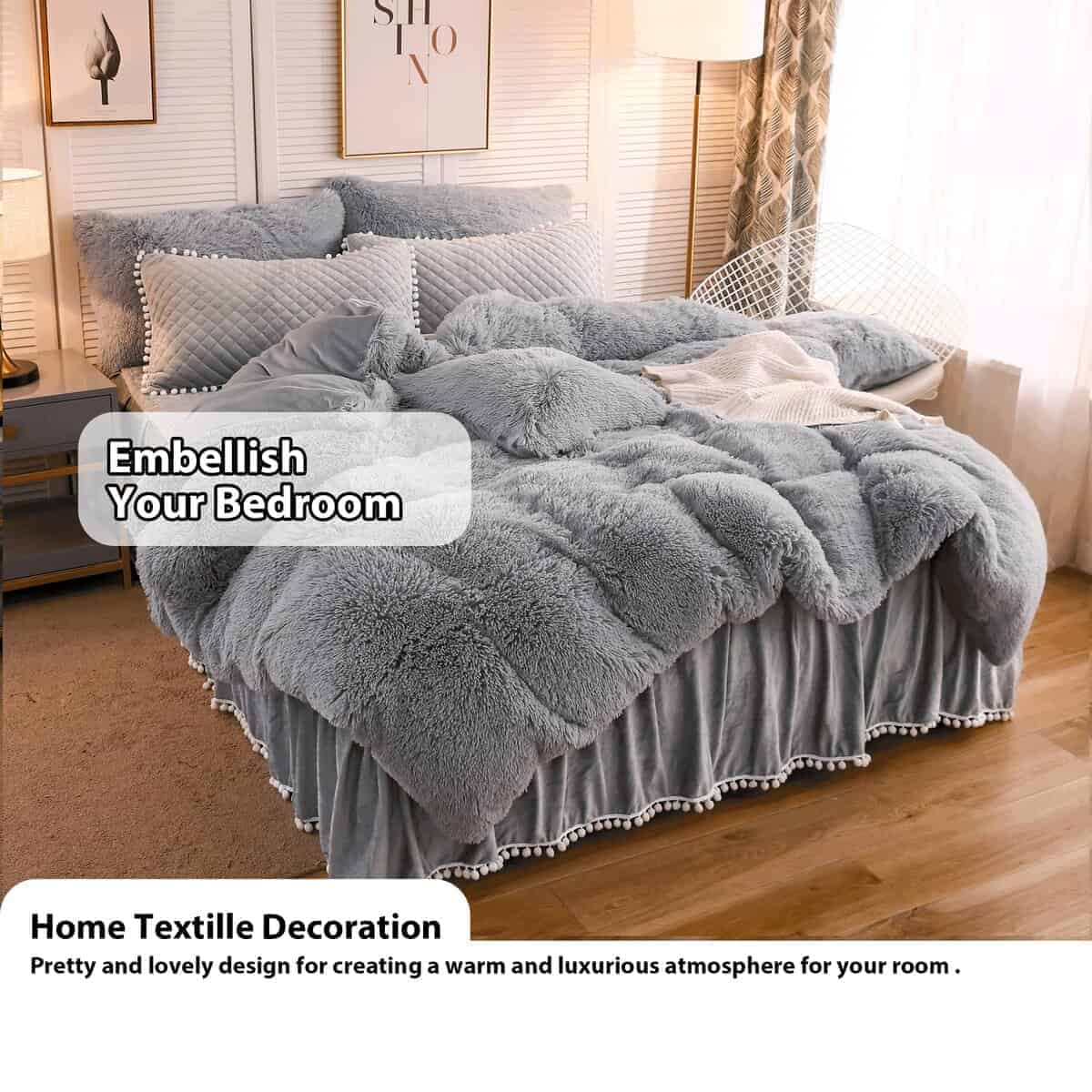 Falda de Cama de Lujo LIFEREVO con Pompones de Terciopelo, - Imagen 7