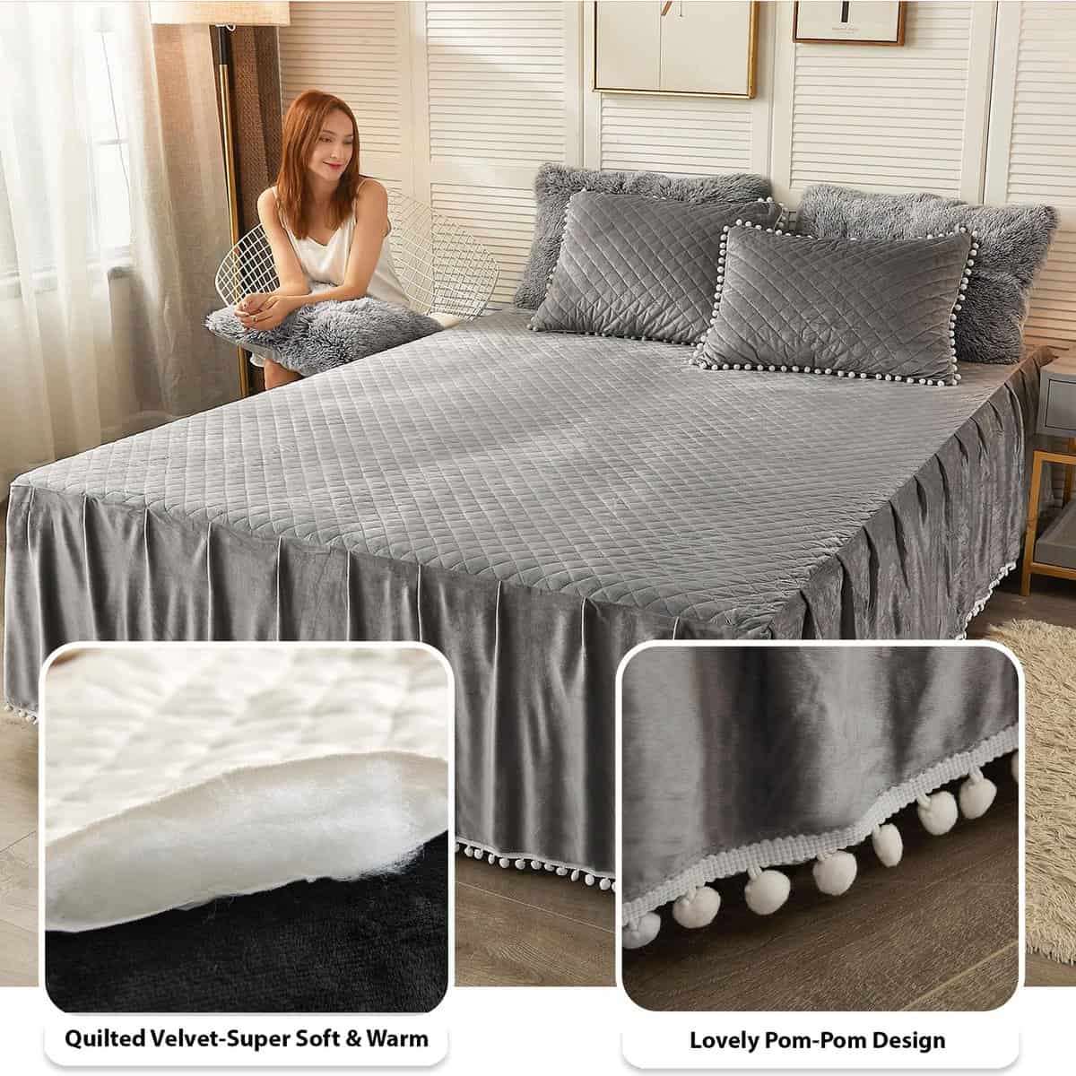 Falda de Cama de Lujo LIFEREVO con Pompones de Terciopelo, - Imagen 5