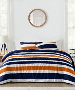 Juego de Ropa de Cama de Rayas Azul Marino, Naranja y