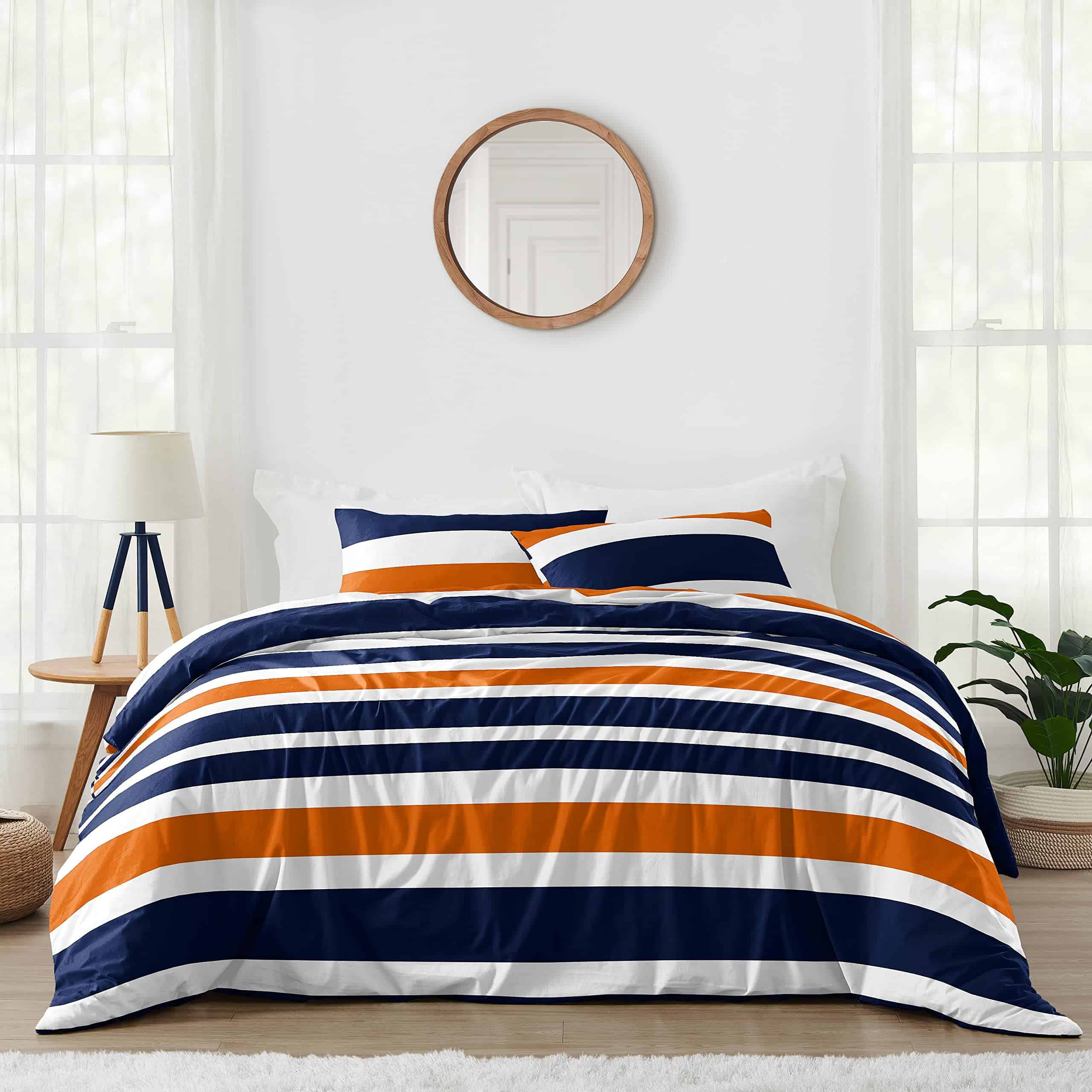 Juego de Ropa de Cama de Rayas Azul Marino, Naranja y