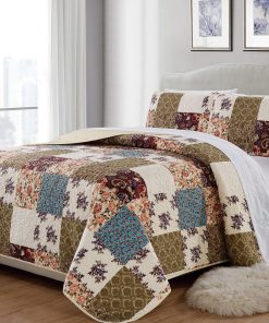 Colcha Acolchada Estampada Floral Beige Borgoña Morado Azul