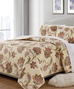 Colcha Acolchada Estampada Floral de 3 Piezas para Cama