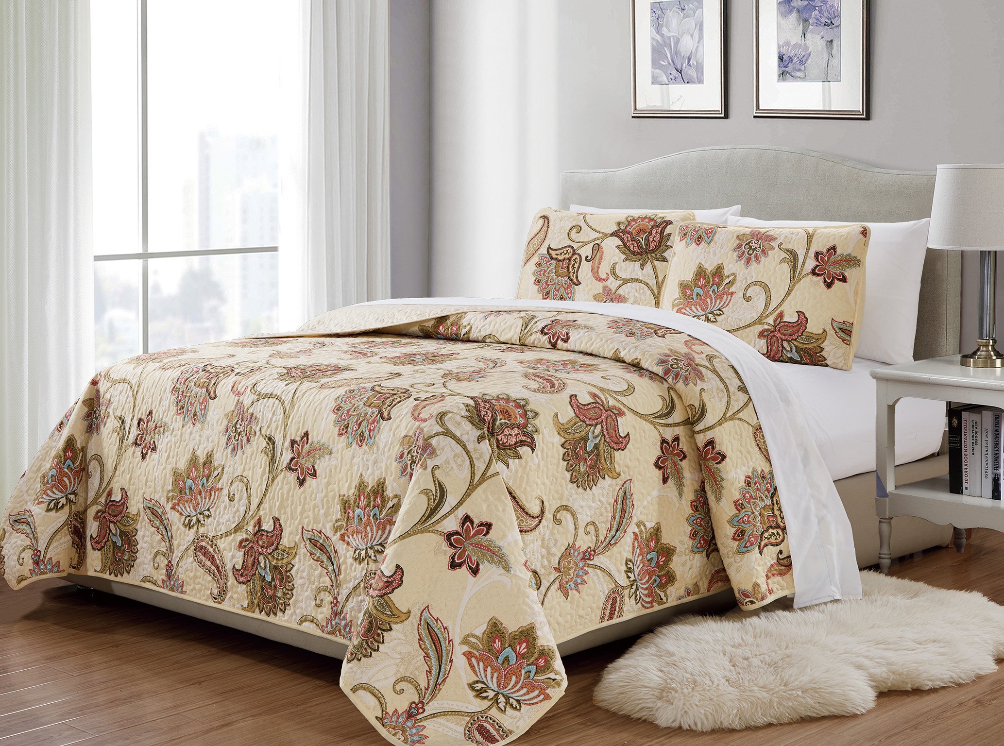 Colcha Acolchada Estampada Floral de 3 Piezas para Cama