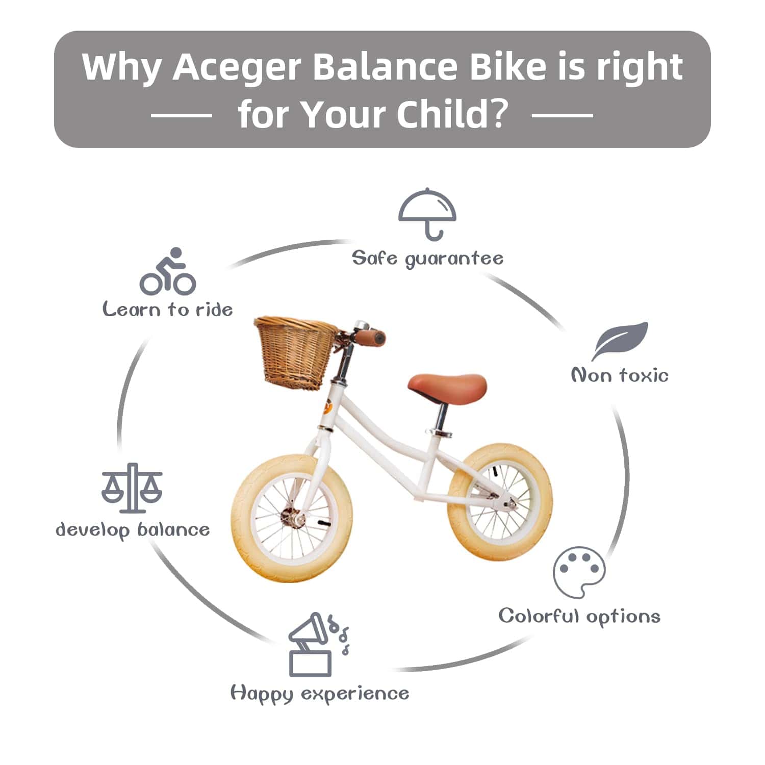 Bicicleta de Equilibrio para Niños ACEGER 12" -Blanco - Imagen 3