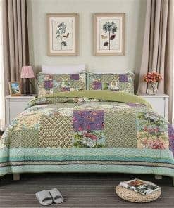 ABREEZE Edredón de algodón en patchwork verde lavanda de