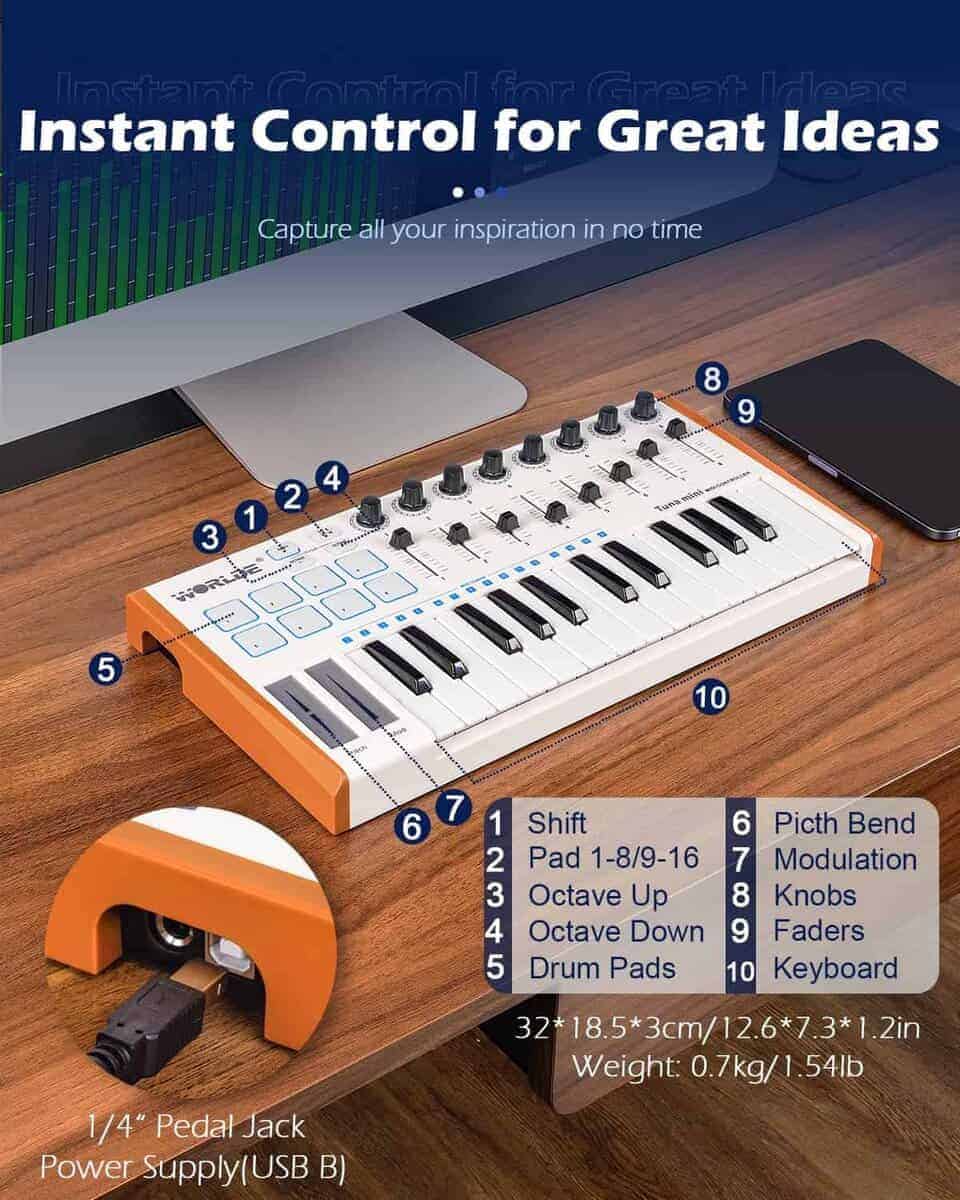 Controlador de teclado MIDI Vangoa Worlde 25 teclas, Worlde - Imagen 6