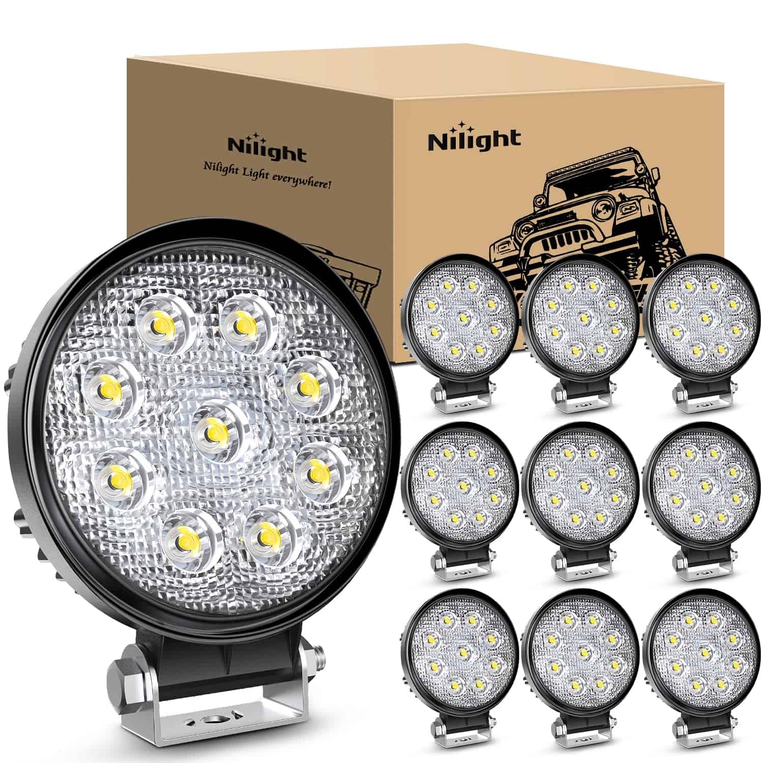 Nilight LED Pods 10Pcs 4.5Inch 27W Round Flood Light Off