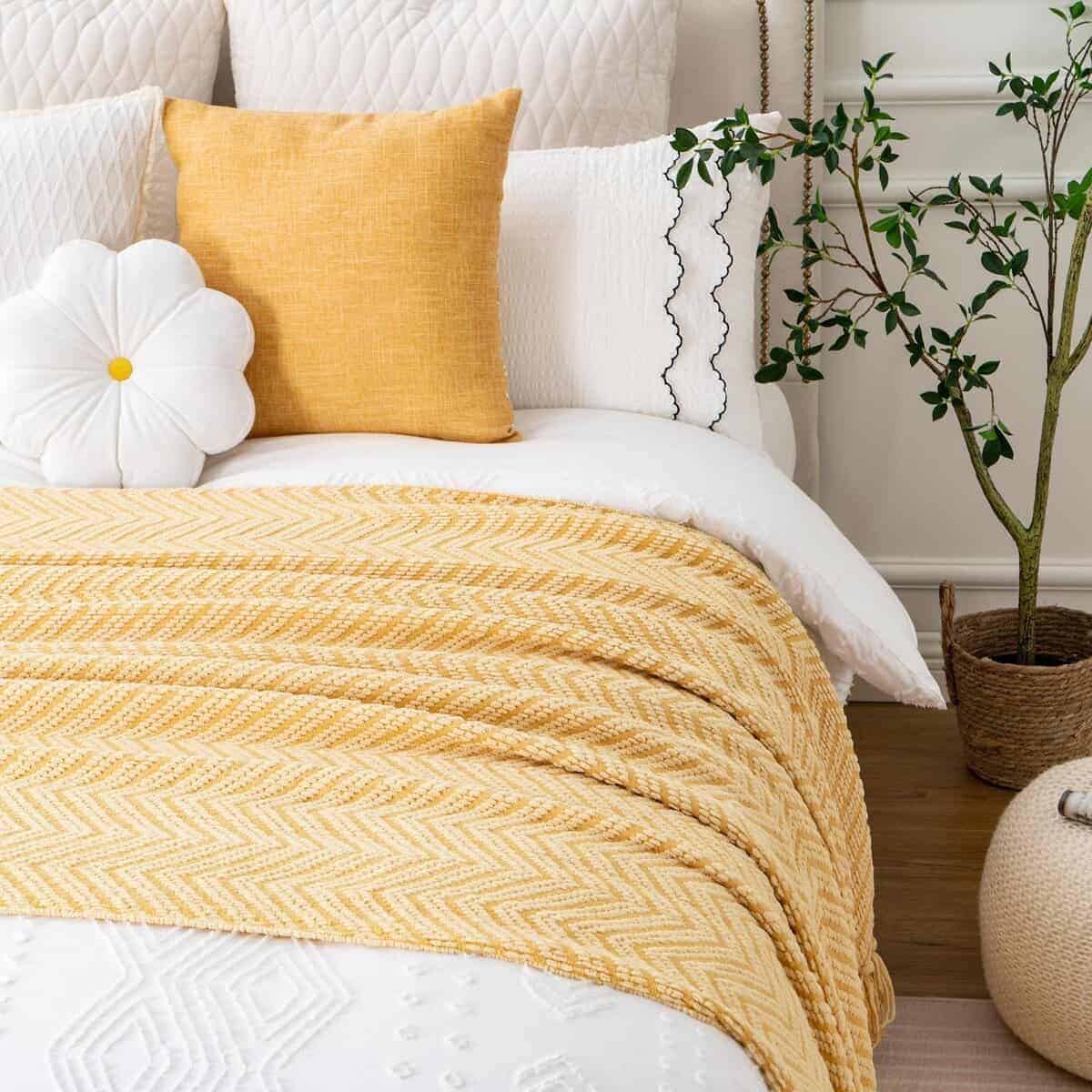 Manta de Lana Dorada BATTILO HOME para Sofá, Manta Amarilla - Imagen 7