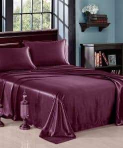 Juego de sábanas de satén de seda pura -Vino
