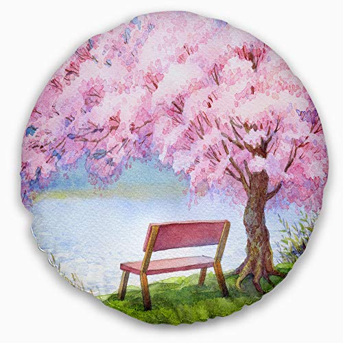 Funda de cojín decorativa 'Banco bajo árbol de durazno en