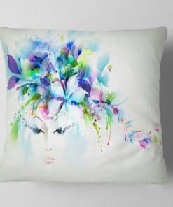 Diseño de Arte Mujer con Flores Azules - Cojín Decorativo