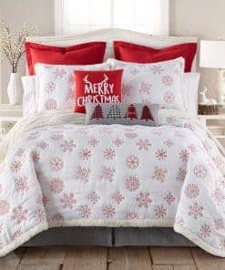 Juego de Edredón Sherpa con Diseño de Copos de Nieve Rojos