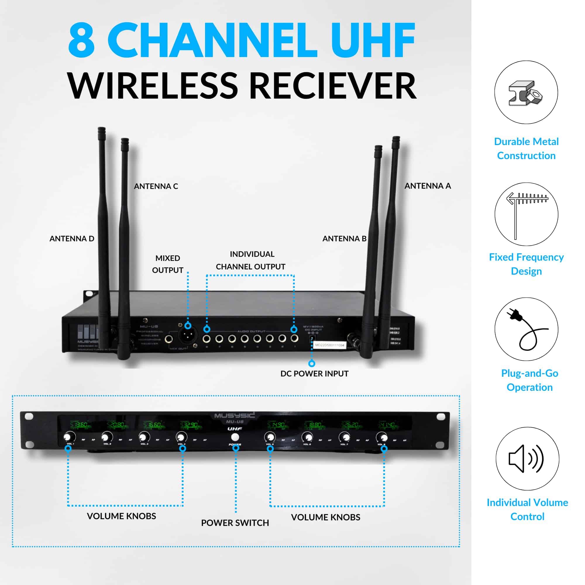Sistema de Micrófono Inalámbrico UHF Profesional de 8 - Imagen 4