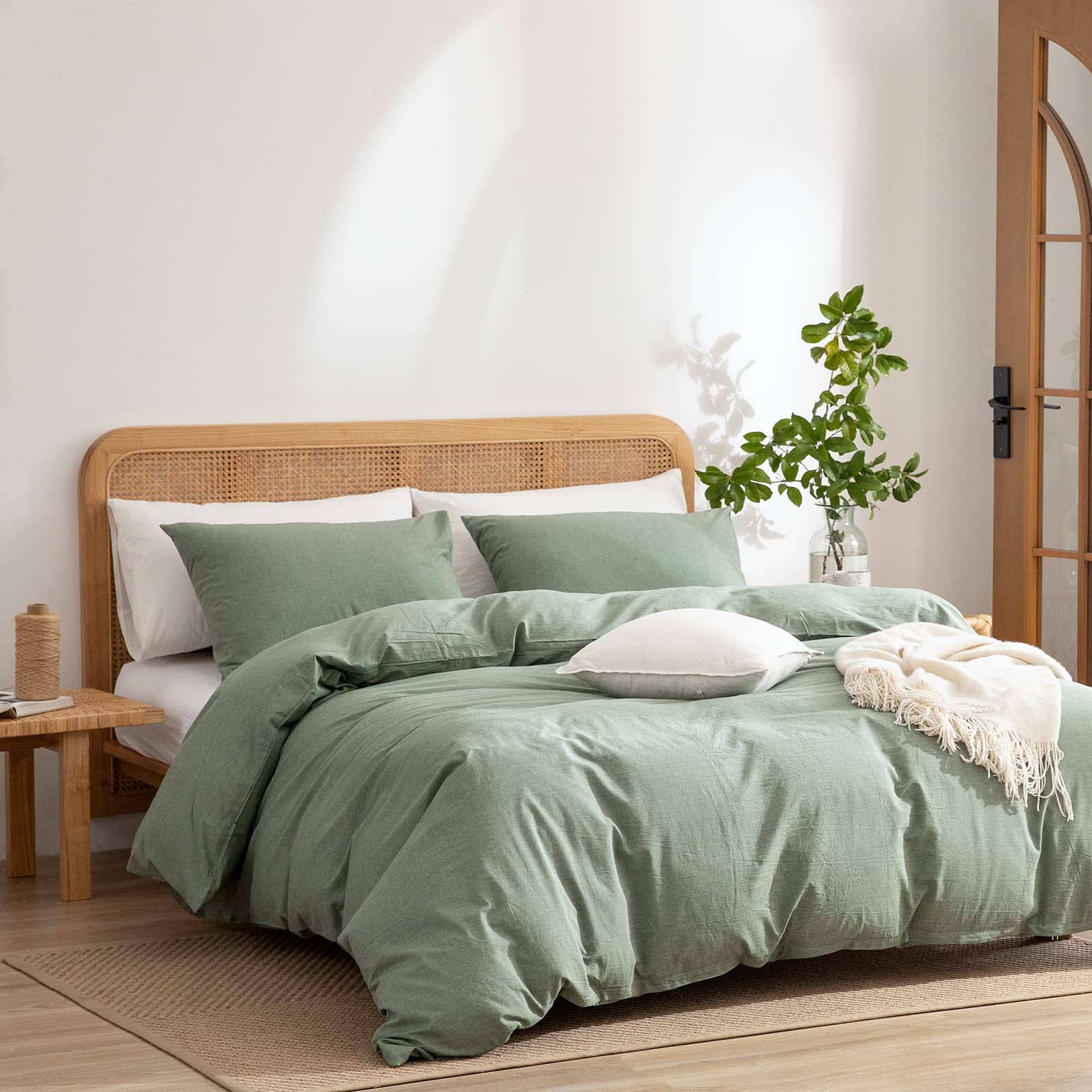 Set de Cubierta de Edredón Verde Queen, 100% Algodón Lavado - Imagen 3