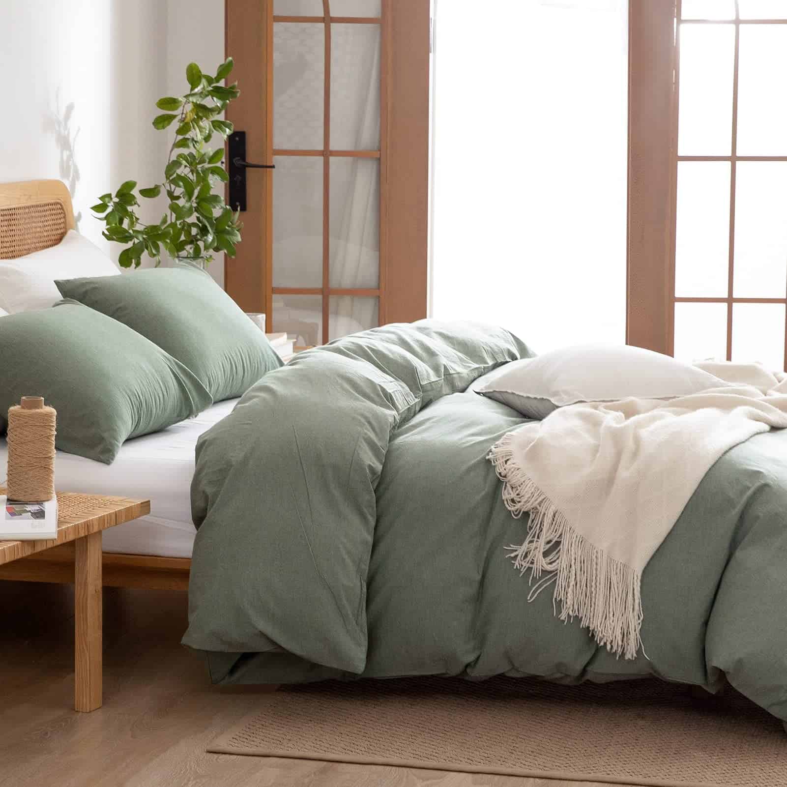 Set de Cubierta de Edredón Verde Queen, 100% Algodón Lavado - Imagen 4