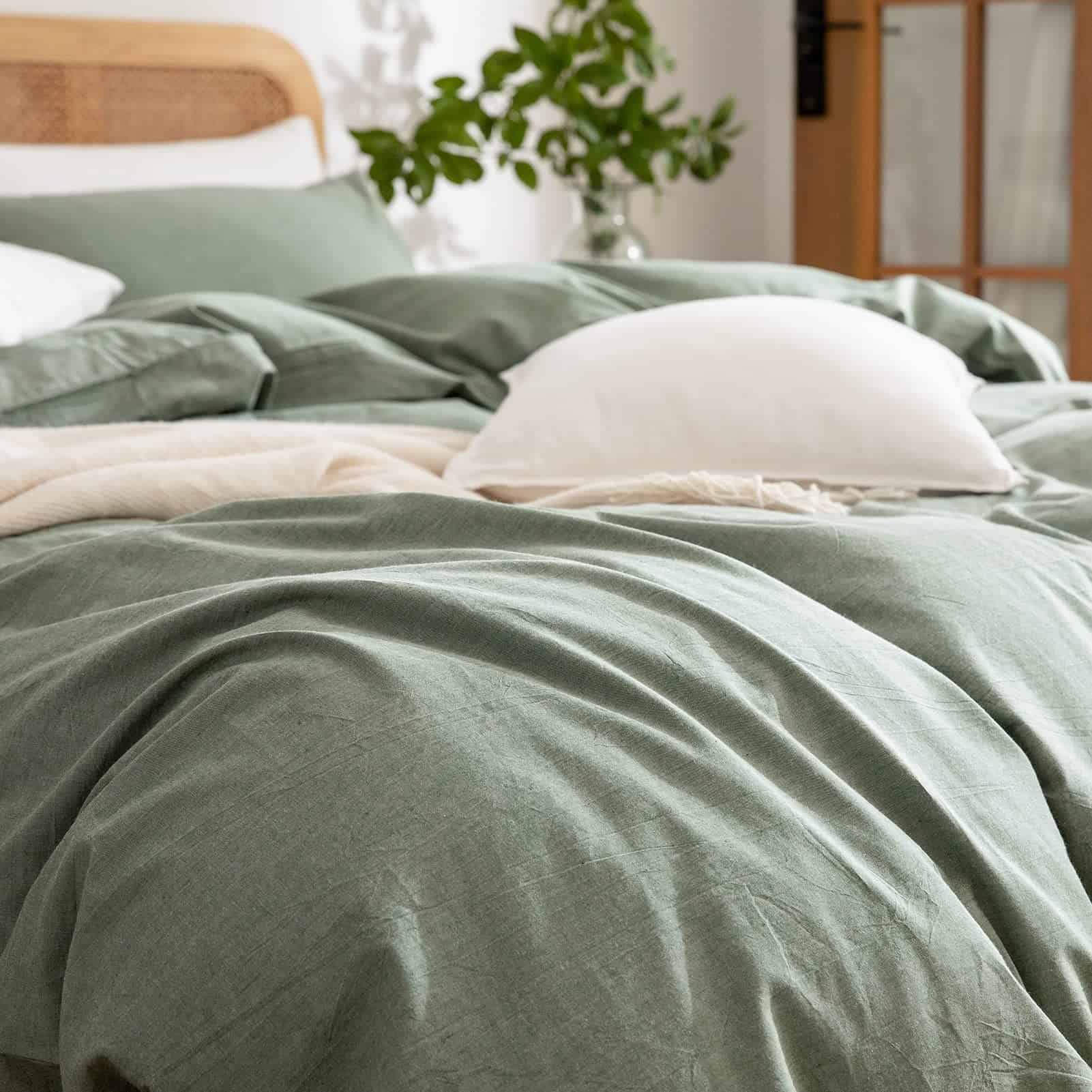 Set de Cubierta de Edredón Verde Queen, 100% Algodón Lavado - Imagen 6