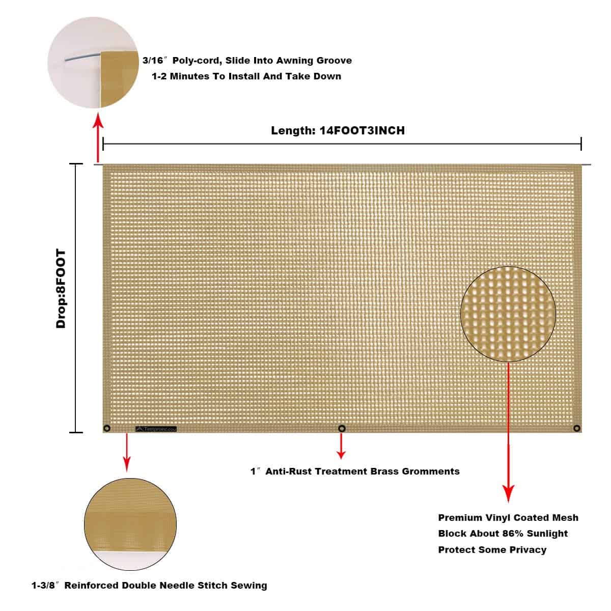 Tentproinc RV Awning Sun Shade Screen 8' X 14' 3'' - Malla - Imagen 7