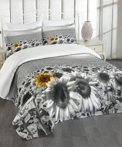 Colcha de cama moderna Lunarable, Campo de girasoles en