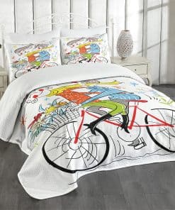 Colcha Colorida Lunarable, Niño Niña en Bicicleta Flores y