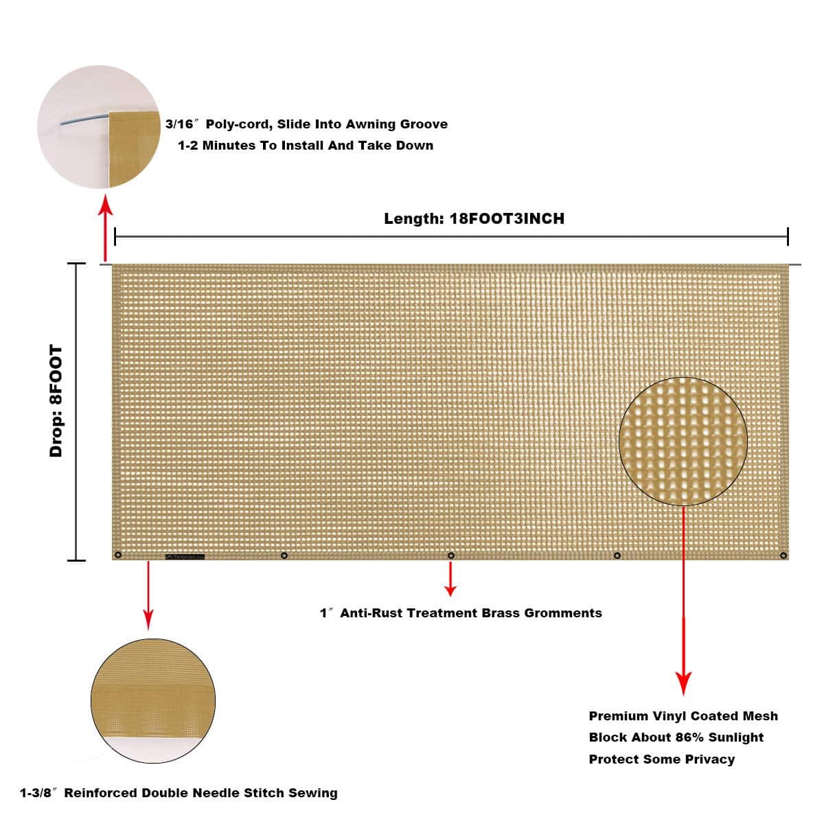 Tentproinc RV Awning Sun Shade Screen 8' X 18' 3'' - Malla - Imagen 7