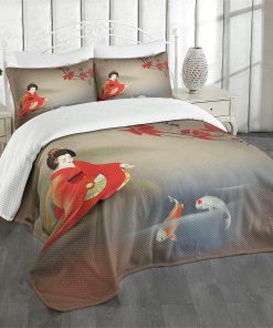 Colcha Lunarable de Peces Koi, Geisha Alimentando Bestia en