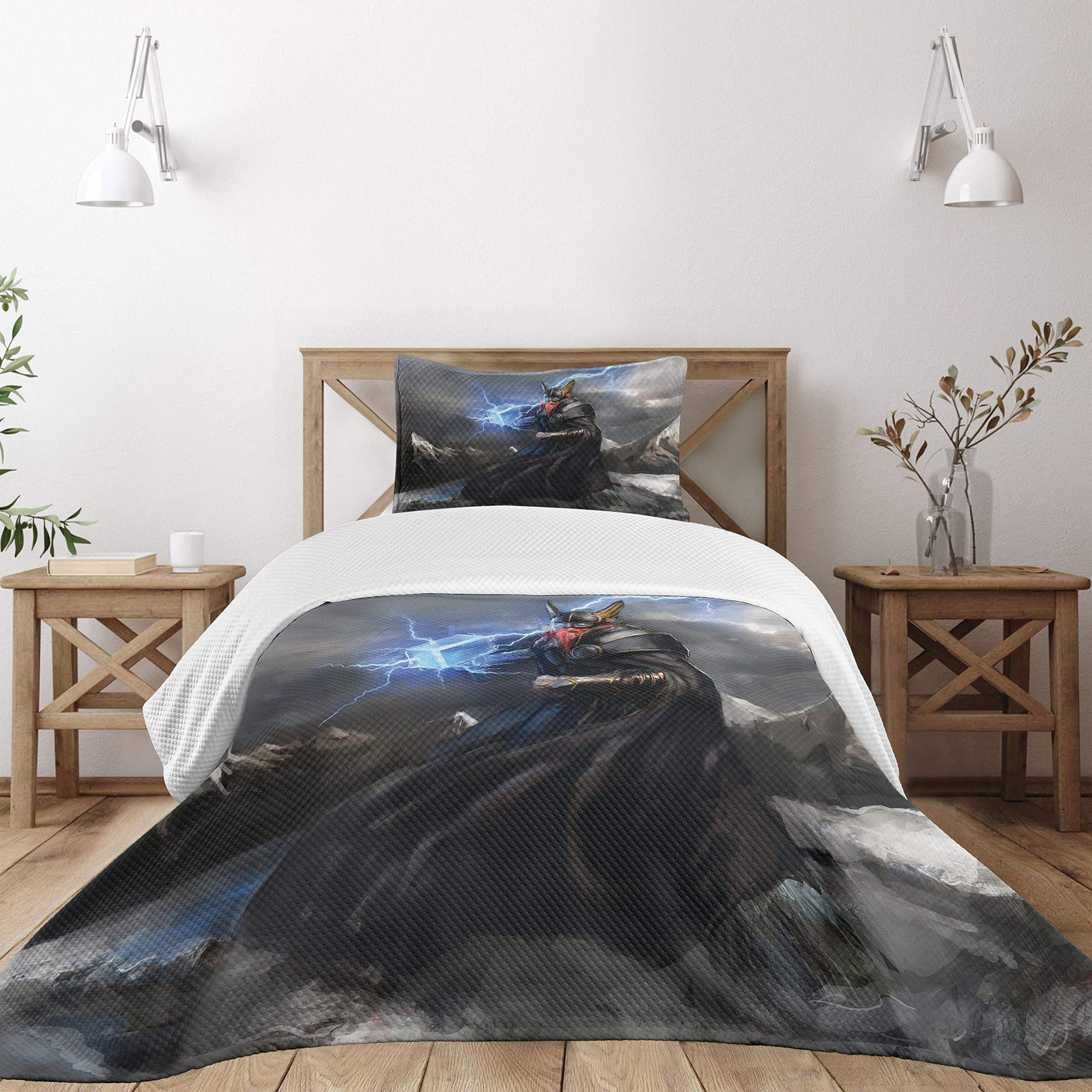 Colcha Decorativa Lunarable Viking, Thor con Mjolnir y