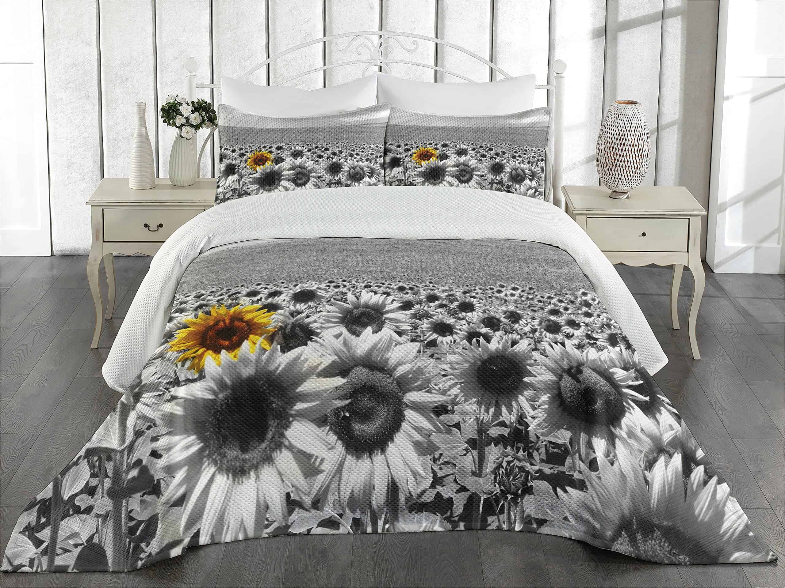 Colcha Lunarable Moderna, Campo de Girasoles Blanco y Negro - Imagen 3