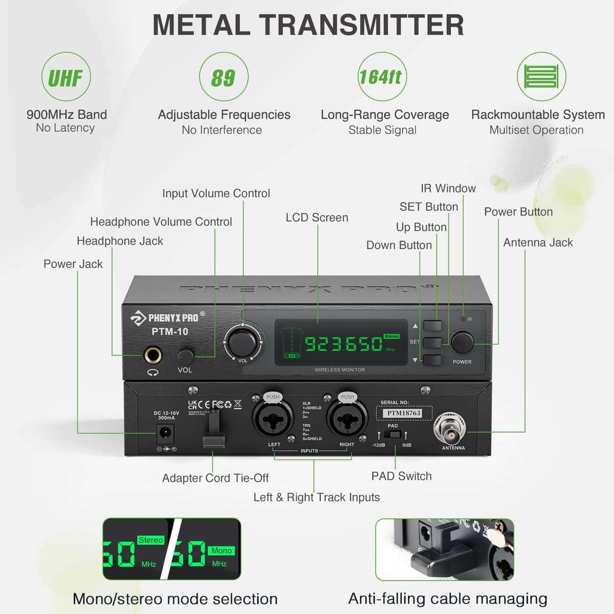 Sistema de Monitor Inalámbrico Estéreo Phenyx Pro UHF, - Imagen 3