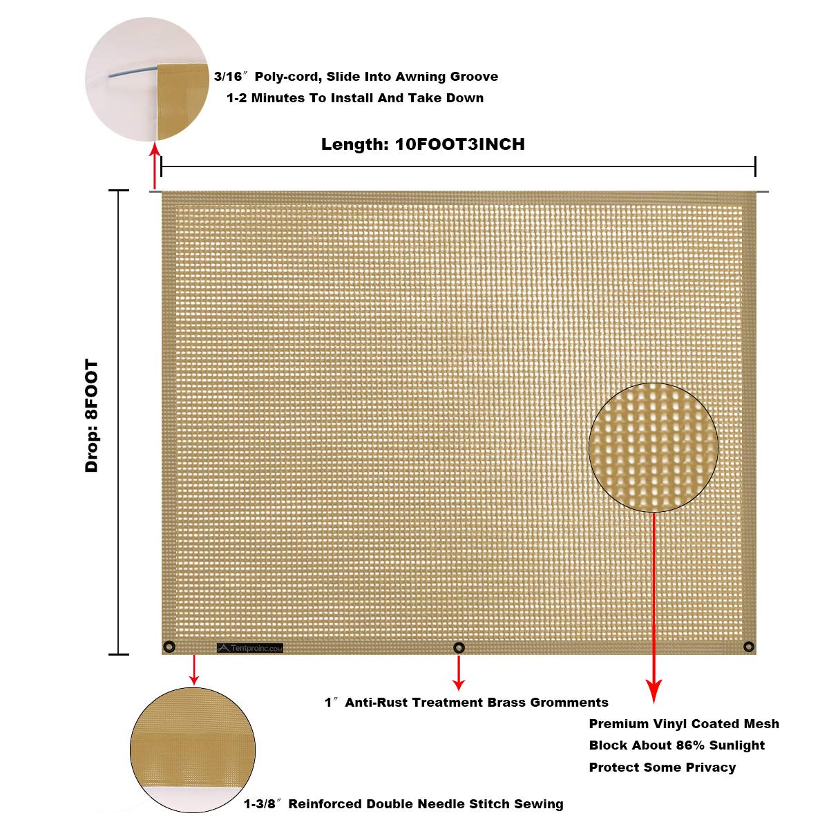 Tentproinc RV Awning Sun Shade Screen 8' X 10' 3'' (Ajuste - Imagen 7