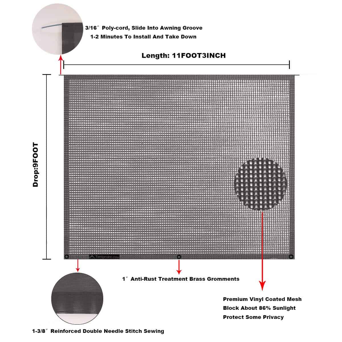 Tentproinc RV Awning Sun Shade Screen 9' X 11'3'' - Malla - Imagen 7