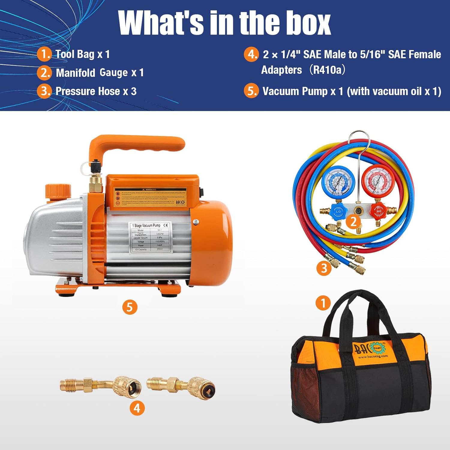 BACOENG 3.6CFM Bomba de Vacío y Juego de Manómetros - Kit - Imagen 3