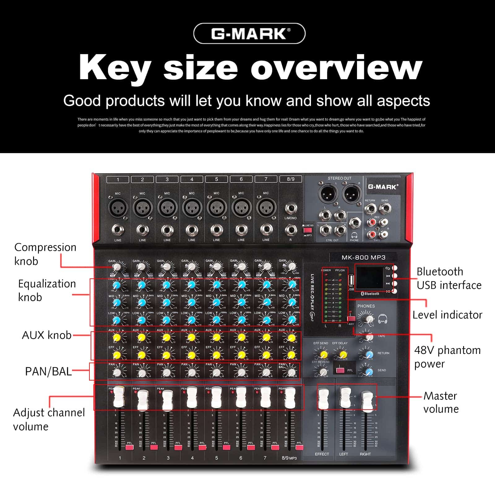 Mezclador de audio profesional G-MARK MK800MP3 de 8 canales - Imagen 7