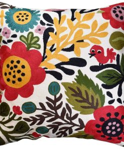Funda de cojín roja con diseño de aves y flores de Kashmira