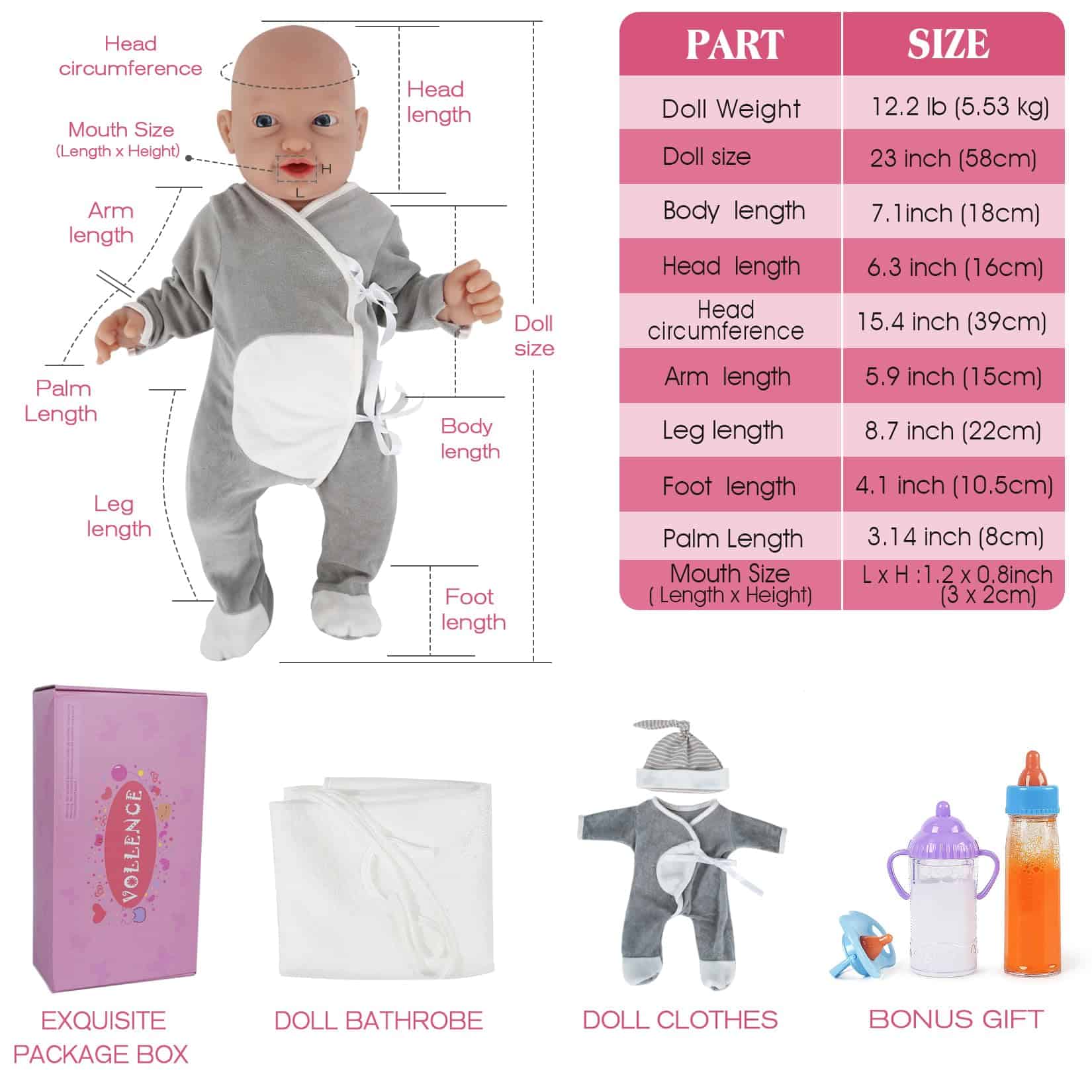 Vollence 23" Muñeco de Bebé de Silicona Platino - Cuerpo - Imagen 6