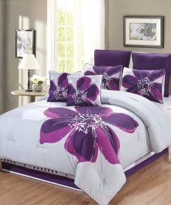 Set de Edredón de 8 Piezas Floral Gris, Morado Oscuro y