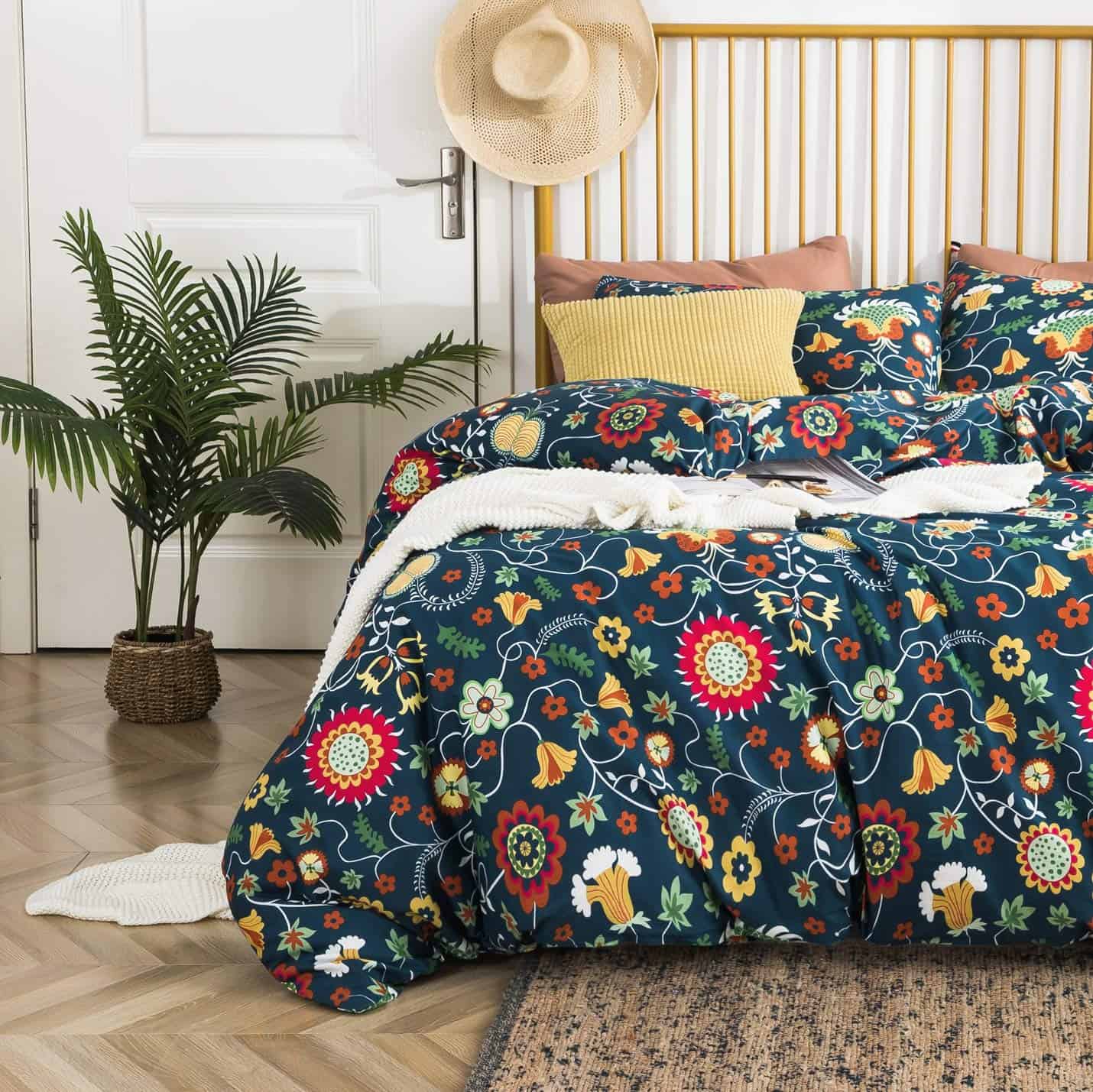 YuHeGuoJi Funda de Edredón Floral Teal Queen 100% Algodón - Imagen 3