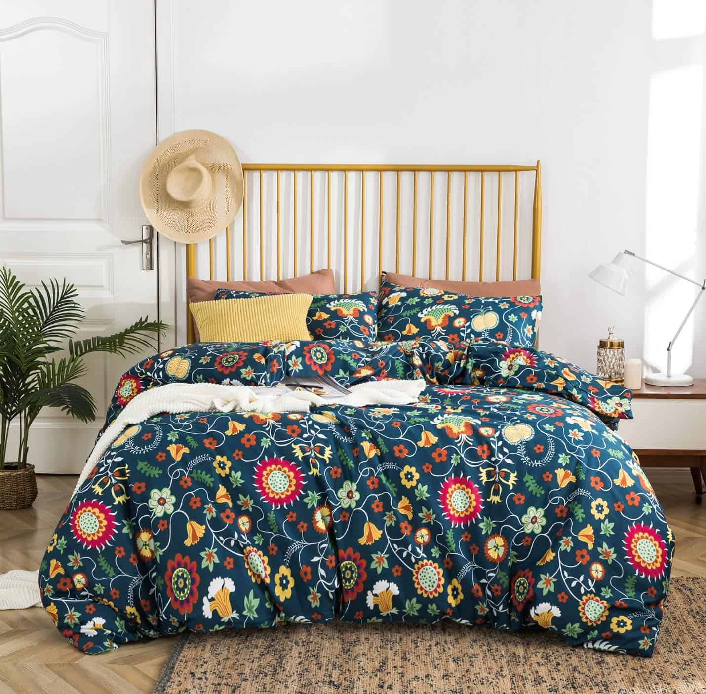 YuHeGuoJi Funda de Edredón Floral Teal Queen 100% Algodón