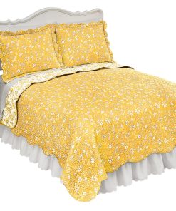 Colcha Reversible con Diseño Floral y Bordes Festoneados de