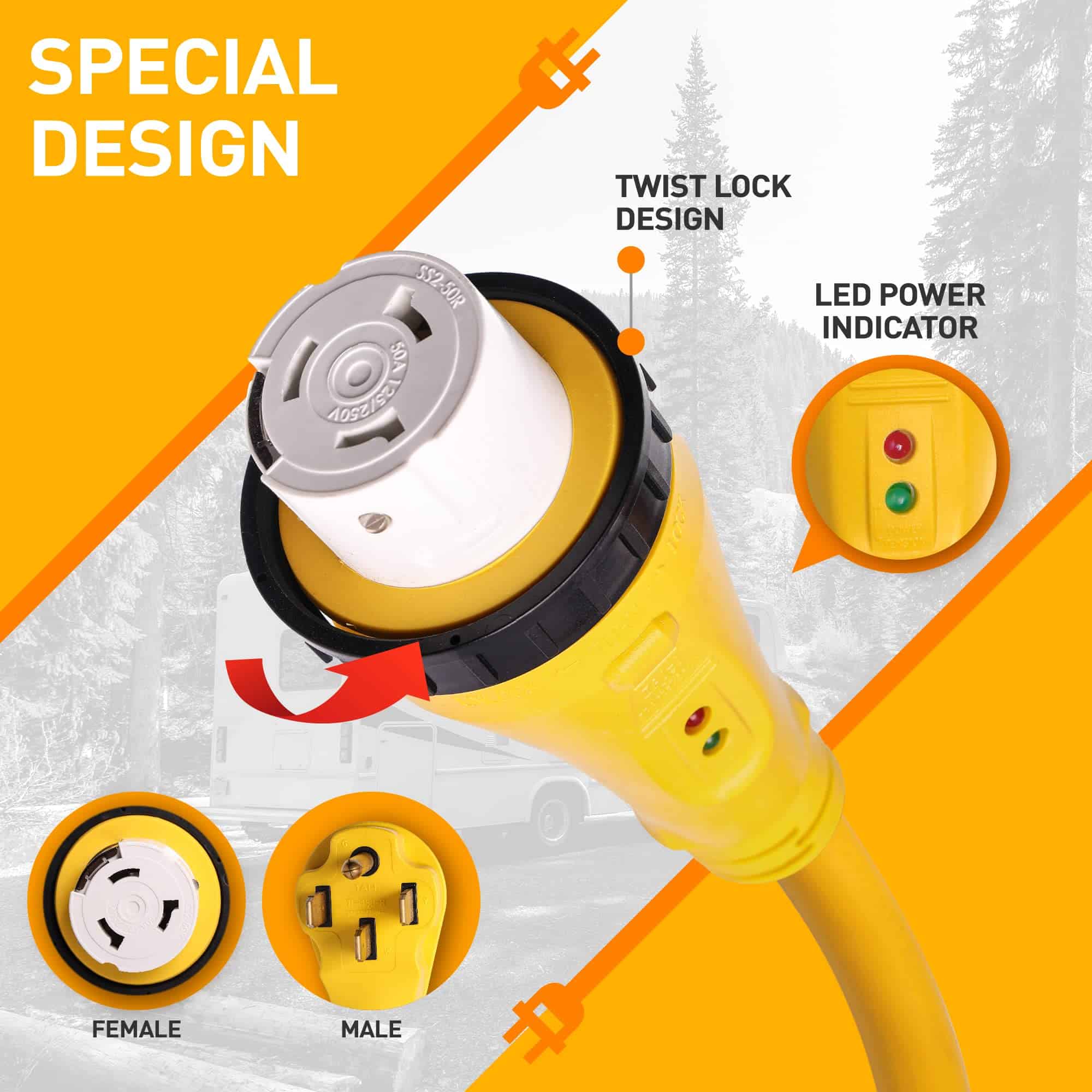 Cable de Extensión para RV de 25 pies 50 Amp, Macho 14-50P - Imagen 3